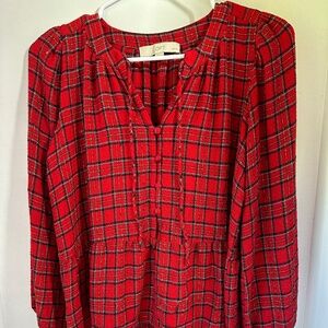 Loft adorable, cute, pretty, glittery, sweet, button up red plaid shirt size XSP